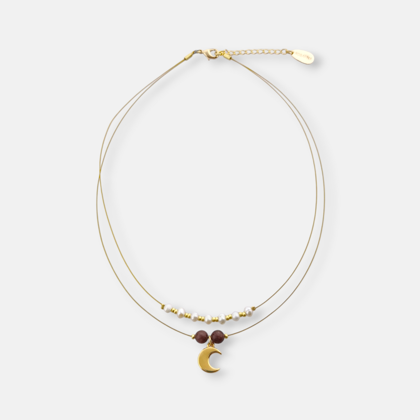 Collar Marais Doble en Dorado Brillante con Piedras, Perlas y Luna