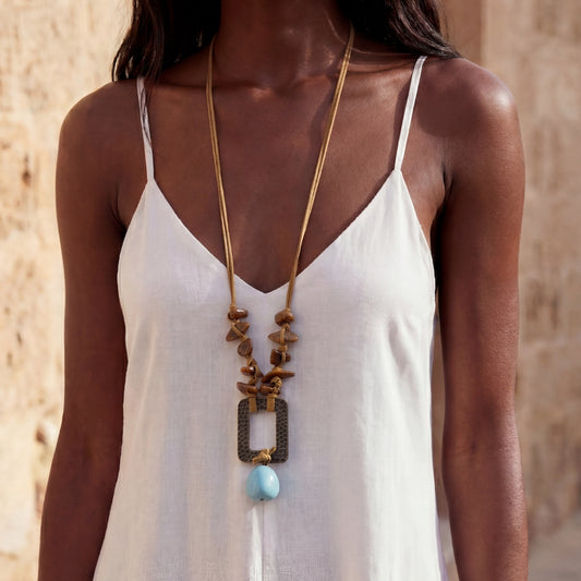 Collar Boho Largo Cordón Café y Dorado Viejo